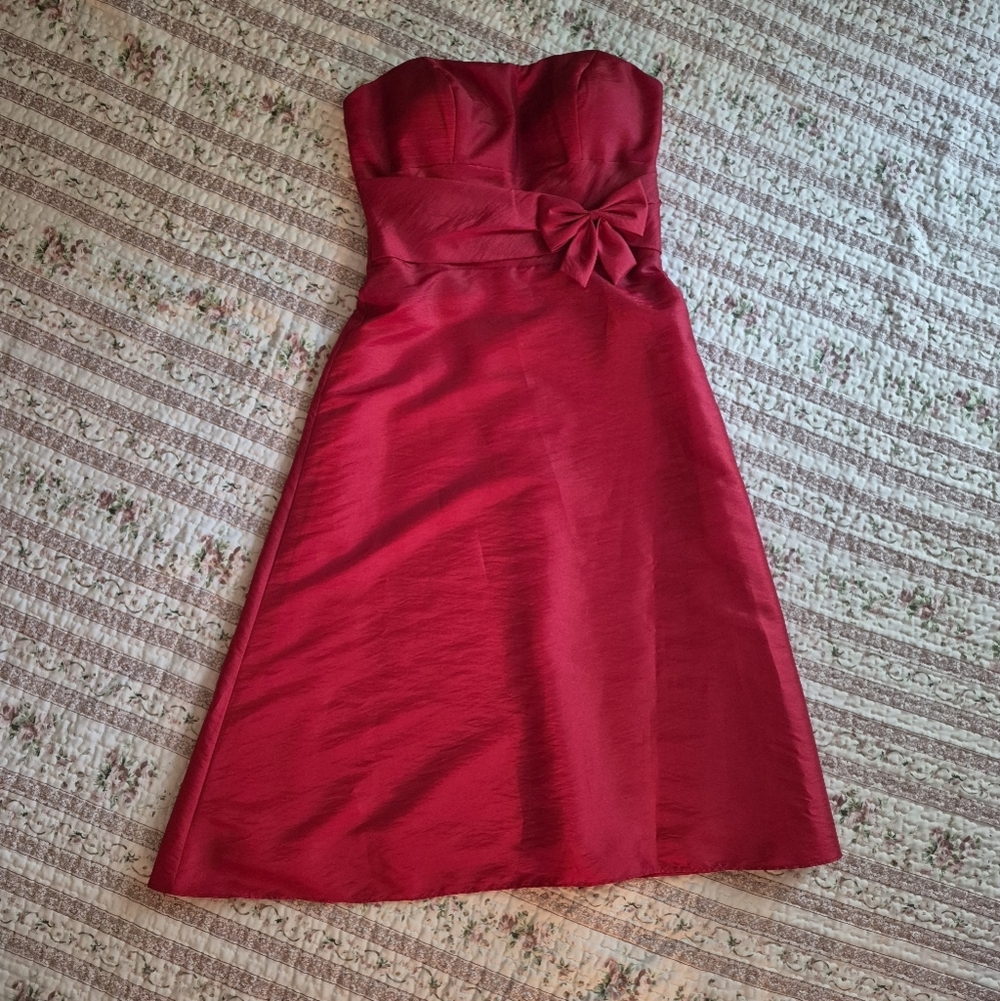 Alfred Angelo Red Strapless Dress Size 8 Removable Breast Pads Bow Zip Up